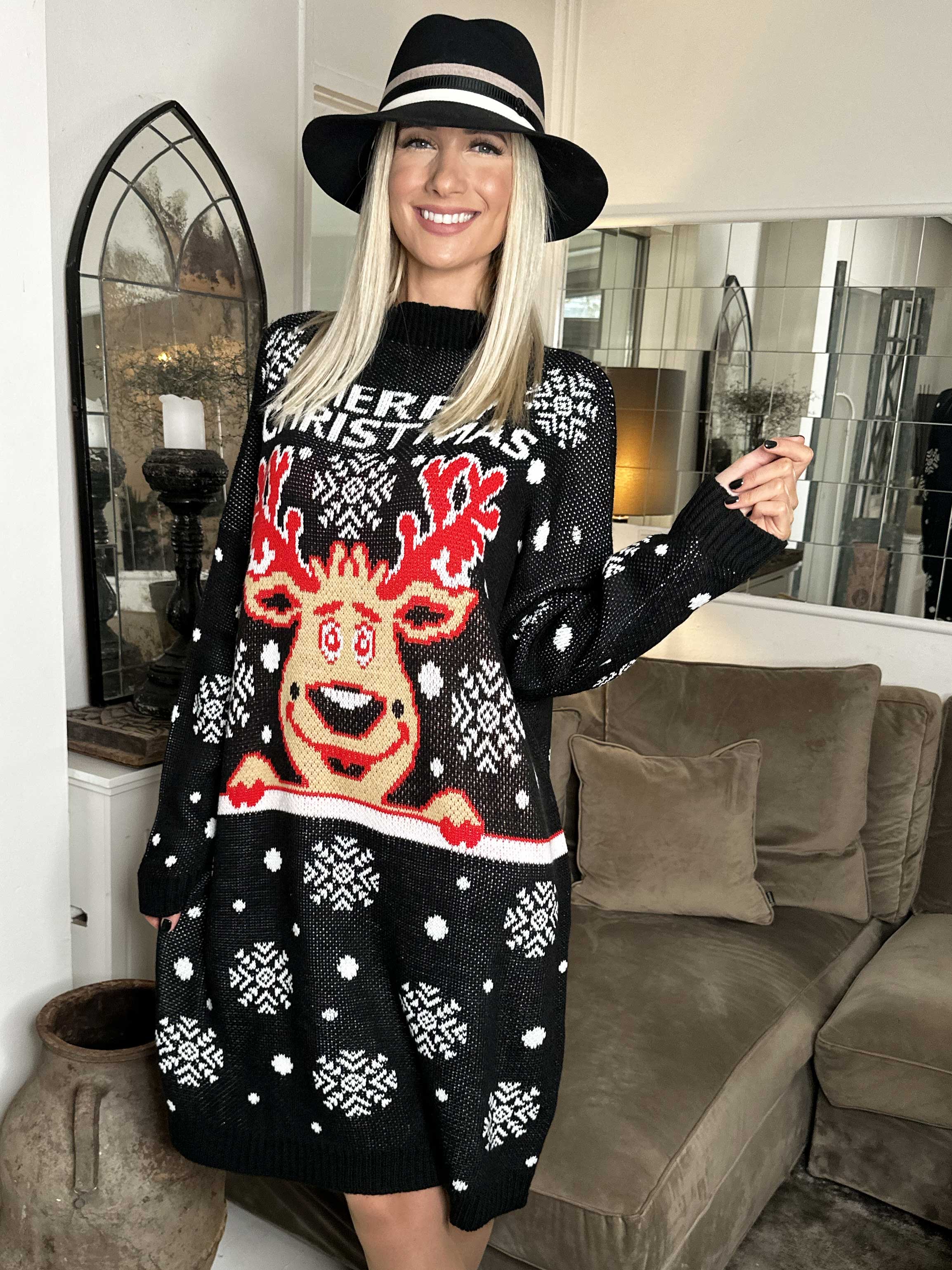 Rudolf - Stickad julklänning med snöflingor och rudolfmotiv